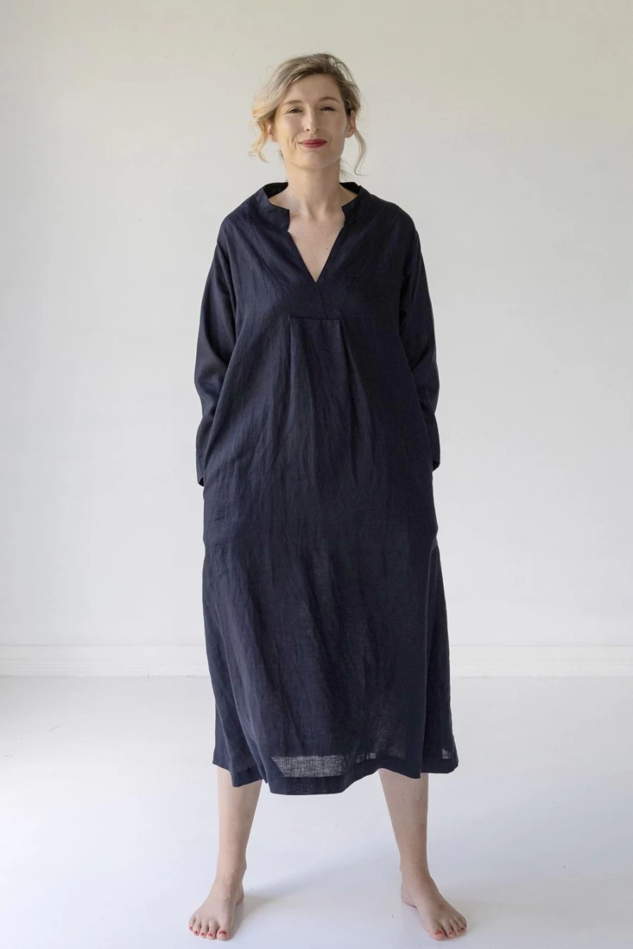 Lazybones Women's Emma Linen Dress - Dark Navy Blue Boho Summer Casual Maxi
