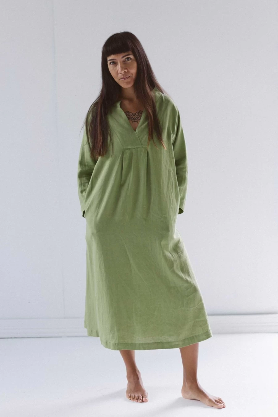 Lazybones Women's Emma Linen Dress in Herb Green - Relaxed Fit Summer Dress